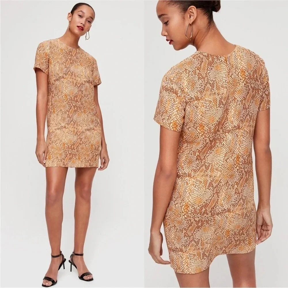 Aritzia Babaton 2 Patricio Crepe Shift Dress Beige Brown Python Print Snake